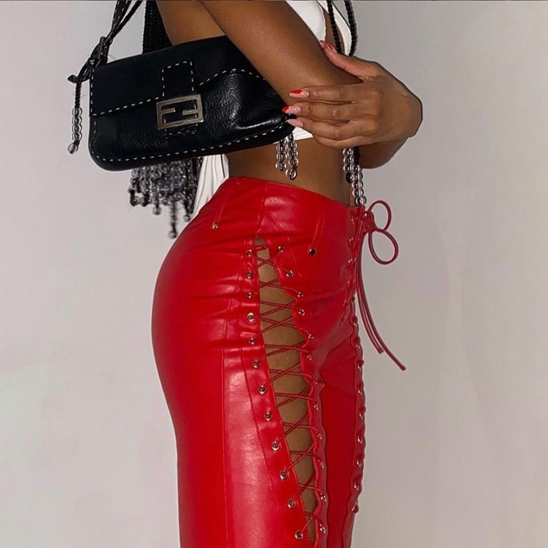 2021 European and American Fashion & Trend Women's New High Waist Hollow-out Strap Straight Ankle Tied Slim Fit Slim and Sexy Leather Pants 2021 European and American Fashion & Trend Women's New High Waist Hollow-out Strap Straight Ankle Tied Slim Fit Slim and Sexy Leather Pants