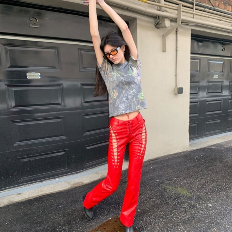 2021 European and American Fashion & Trend Women's New High Waist Hollow-out Strap Straight Ankle Tied Slim Fit Slim and Sexy Leather Pants 2021 European and American Fashion & Trend Women's New High Waist Hollow-out Strap Straight Ankle Tied Slim Fit Slim and Sexy Leather Pants