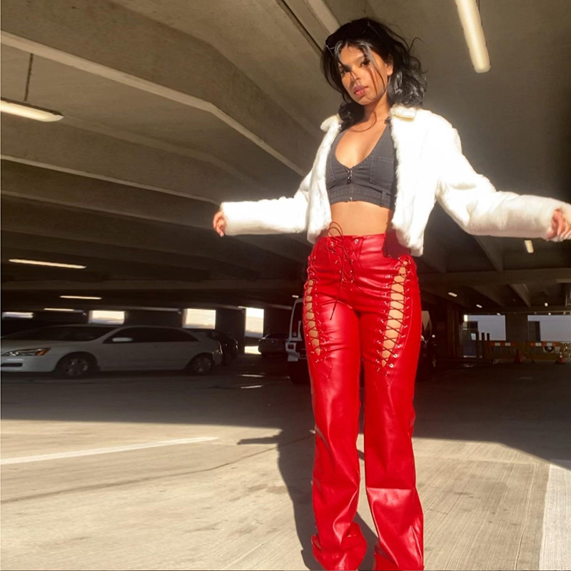 2021 European and American Fashion & Trend Women's New High Waist Hollow-out Strap Straight Ankle Tied Slim Fit Slim and Sexy Leather Pants 2021 European and American Fashion & Trend Women's New High Waist Hollow-out Strap Straight Ankle Tied Slim Fit Slim and Sexy Leather Pants
