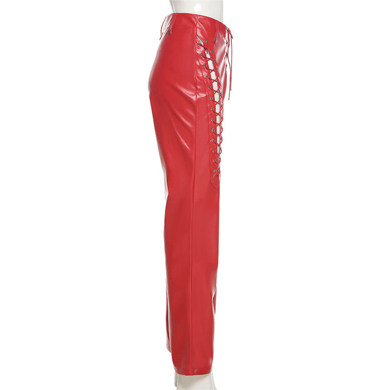 2021 European and American Fashion & Trend Women's New High Waist Hollow-out Strap Straight Ankle Tied Slim Fit Slim and Sexy Leather Pants 2021 European and American Fashion & Trend Women's New High Waist Hollow-out Strap Straight Ankle Tied Slim Fit Slim and Sexy Leather Pants