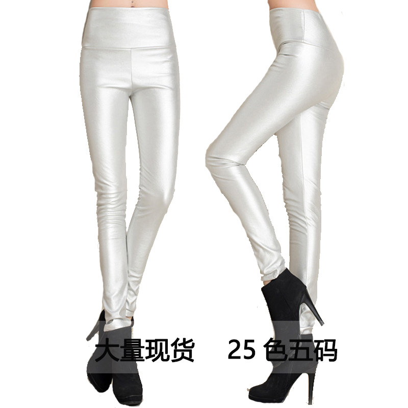 Real Shot Autumn and Winter Foreign Trade Solid Color PU Leather Outer Wear Solid Color High Waist Tight Leather Pants plus Velvet Thick Leggings