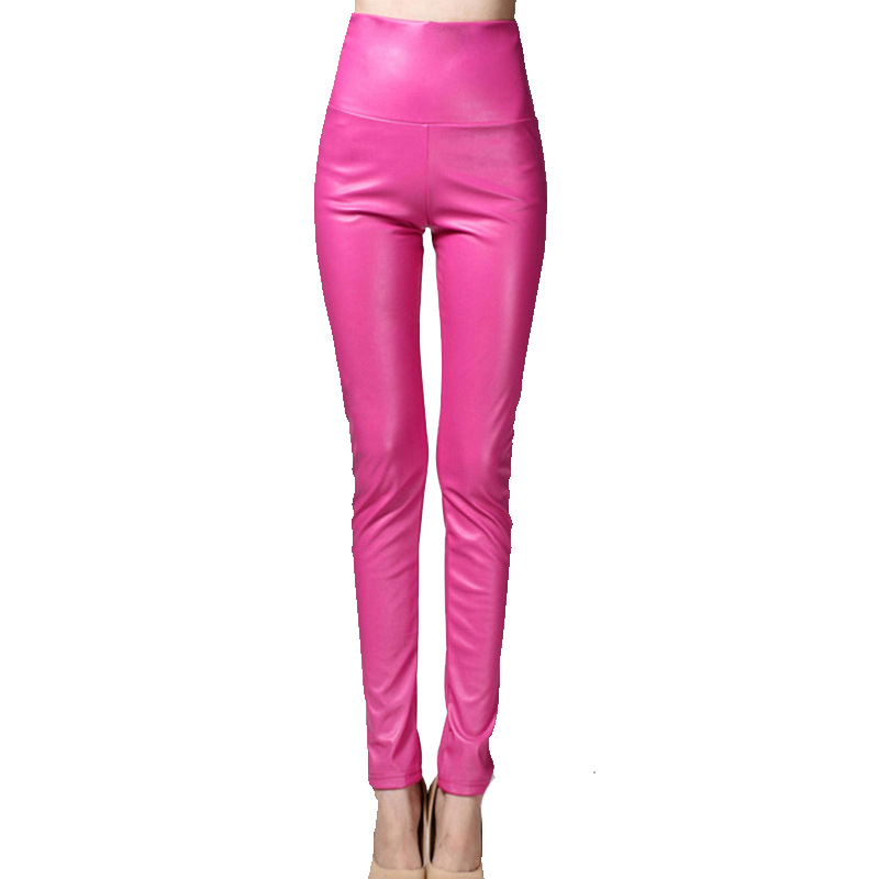 Real Shot Autumn and Winter Foreign Trade Solid Color PU Leather Outer Wear Solid Color High Waist Tight Leather Pants plus Velvet Thick Leggings