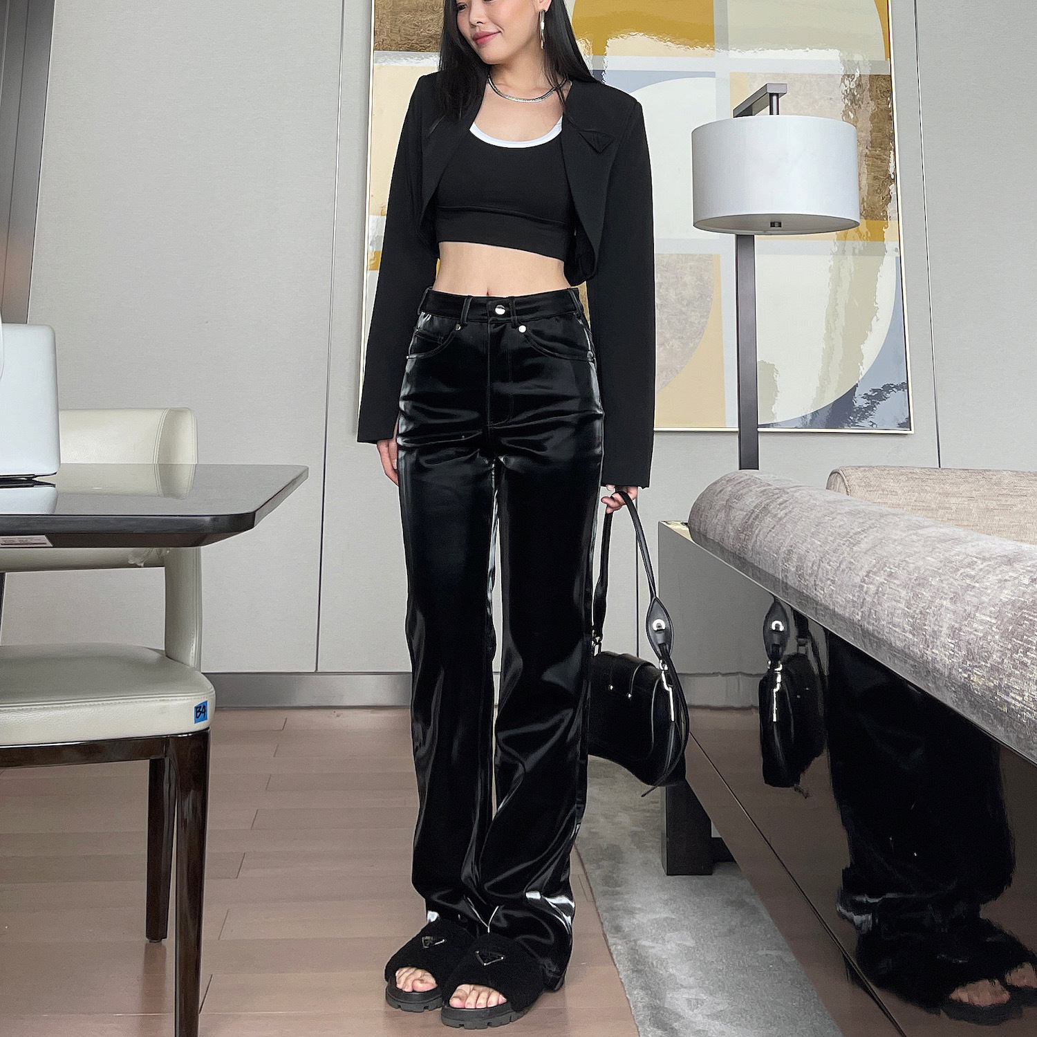 2022 Spring New Niche Design Liquid Future Light Sense Leather Pants Women's European and American High Waist Straight Casual Trousers 2022 Spring New Niche Design Liquid Future Light Sense Leather Pants Women's European and American High Waist Straight Casual Trousers