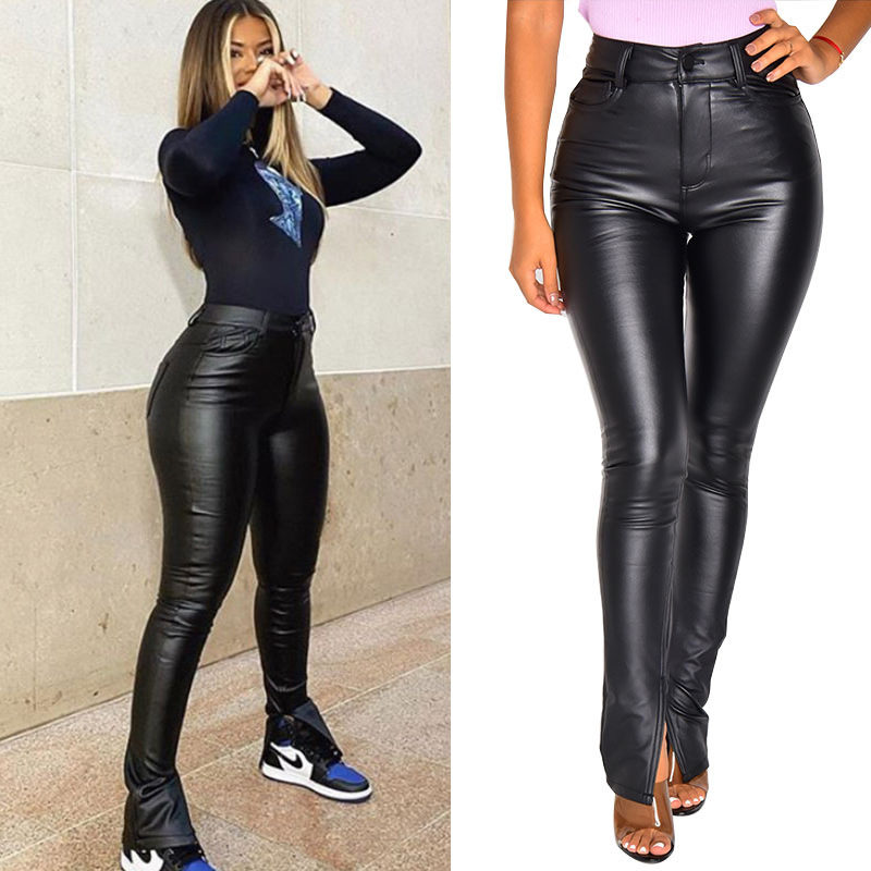 Cross-Border Supply European and American Wish Casual Pants 2022 Spring and Summer High Waist Slimming and Tight Women&#039;s Pants Pu Amazon Leather Pants