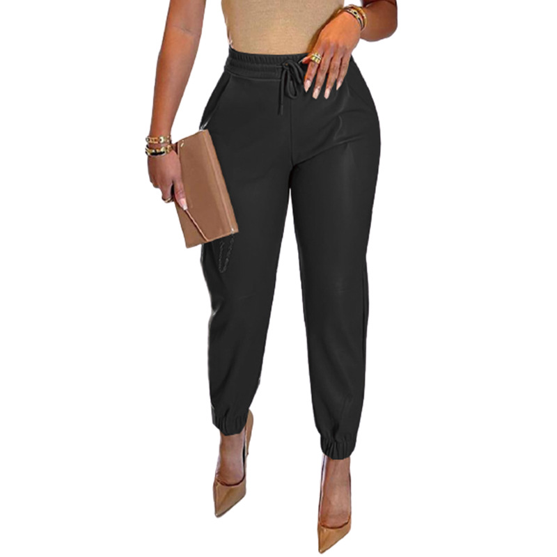 2022 Spring/Summer European and American Amazon New Solid Color Drawstring Pocket PU Leather Casual Fashion Ankle-Tied Leather Pants Trousers for Women