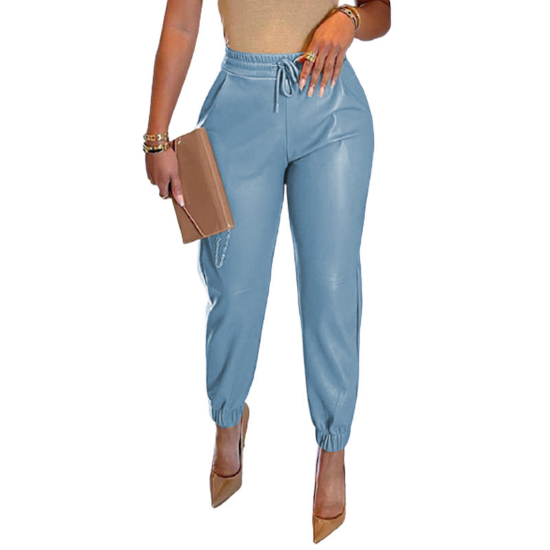 2022 Spring/Summer European and American Amazon New Solid Color Drawstring Pocket PU Leather Casual Fashion Ankle-Tied Leather Pants Trousers for Women