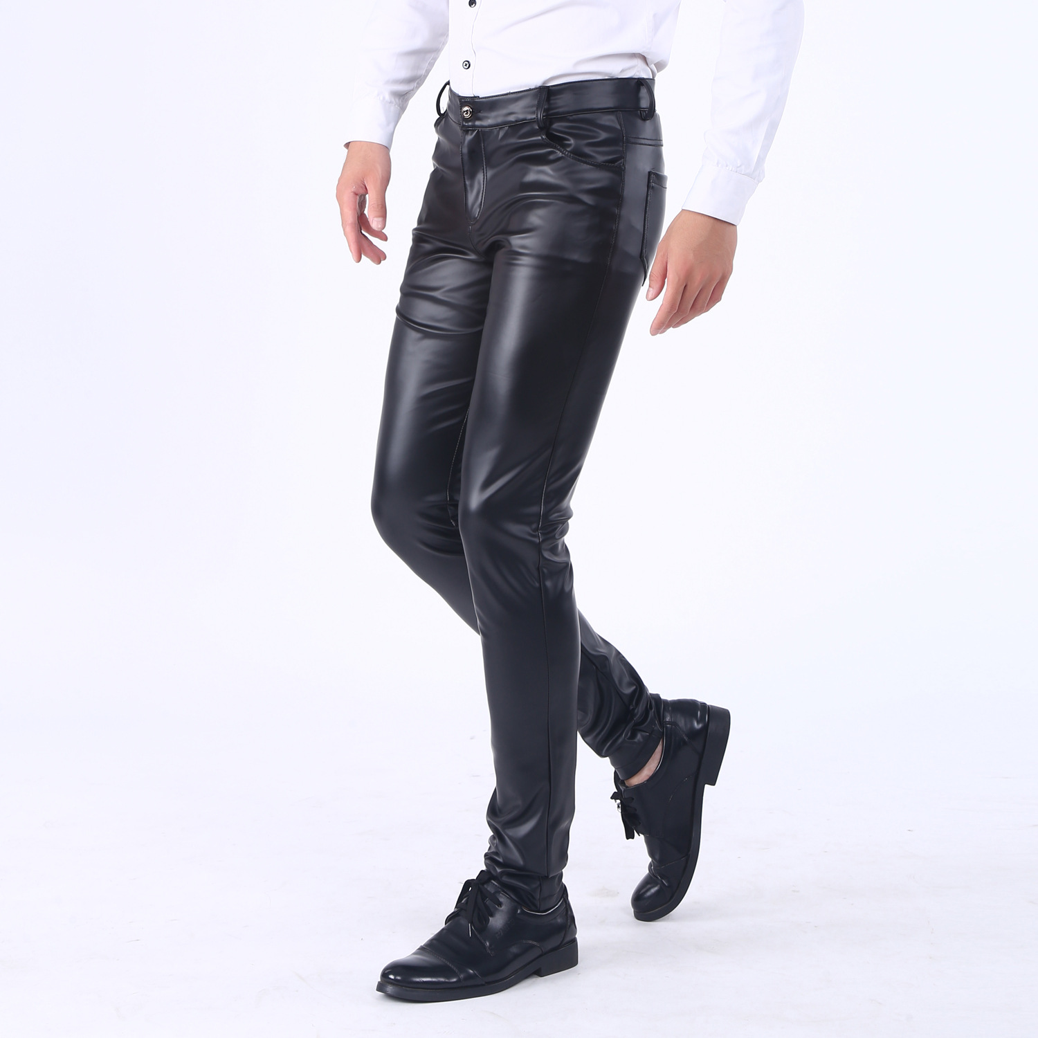 Korean Version Leather Pants Men&#039;s Skinny Pants Tight Elastic Trendy Motorcycle Leather Pants Men plus Velvet Long Pants