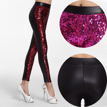 The new high-waisted imitation leather patchwork leather pants of European and American women&#039;s clothing in the spri