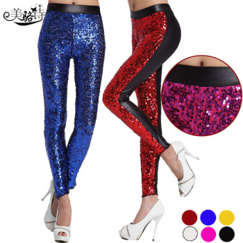 The new high-waisted imitation leather patchwork leather pants of European and American women&#039;s clothing in the spring 