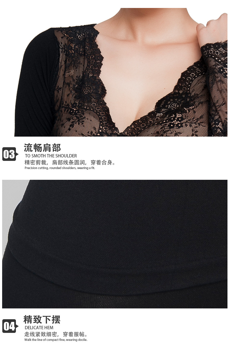 Lace v-neck, 37c thermostatic thermal underwear, women's thin cotton sweater with sole, shape-fitting blouse