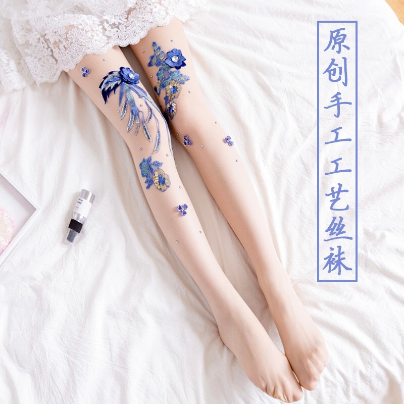 Hand-Embroidered Flowers Style Cherry Blue Enchantress Pattern Anti-Snagging Mask Socks Stockings Pantyhose for Women Hand-Embroidered Flowers Style Cherry Blue Enchantress Pattern Anti-Snagging Mask Socks Stockings Pantyhose for Women