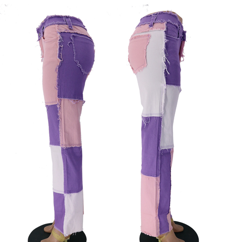 2020 Summer New Big Amazon Occident Fashion Variegated Stitching High Waist Tight Hip Women's Straight Denim Trousers