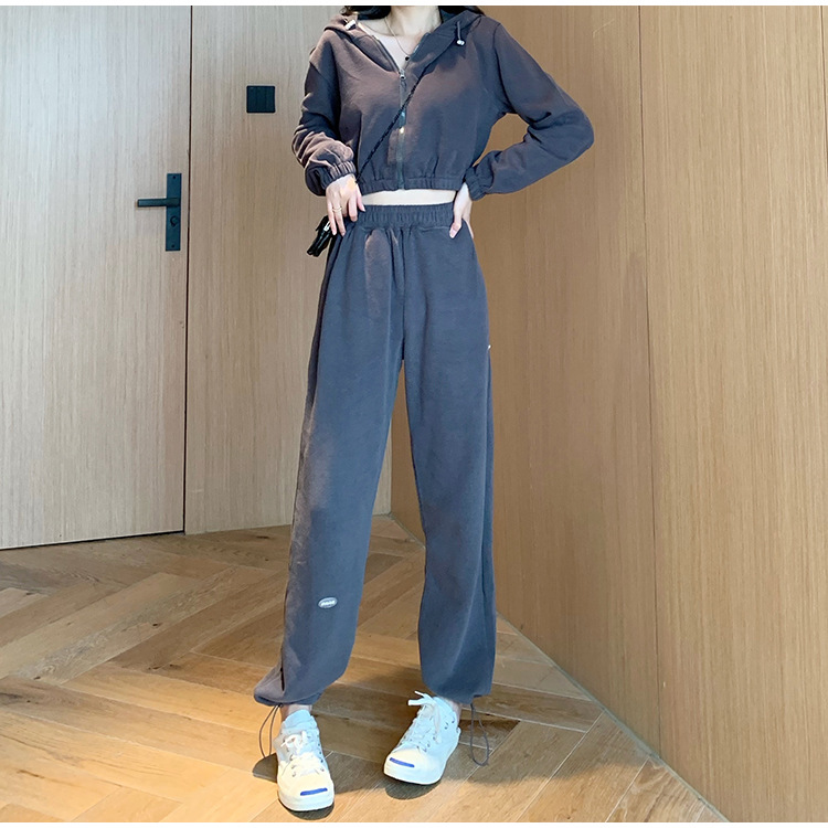 Real Shot Cost-Effective Korean Style Women's Retro Loose Hooded Sweater Waist-Tight Hoodie + Sports Trousers Casual Suit Real Shot Cost-Effective Korean Style Women's Retro Loose Hooded Sweater Waist-Tight Hoodie + Sports Trousers Casual Suit