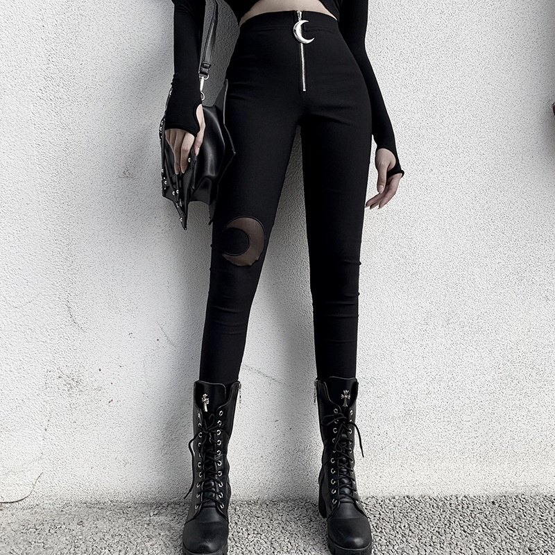 92382 European and American Autumn and Winter New Crescent Zipper High Waist Tight Skinny Trousers Women&#039;s Ins Casual Black Leggings