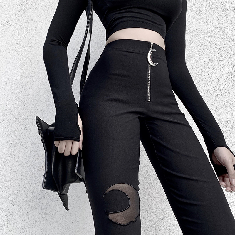 92382 European and American Autumn and Winter New Crescent Zipper High Waist Tight Skinny Trousers Women's Ins Casual Black Leggings 92382 European and American Autumn and Winter New Crescent Zipper High Waist Tight Skinny Trousers Women's Ins Casual Black Leggings
