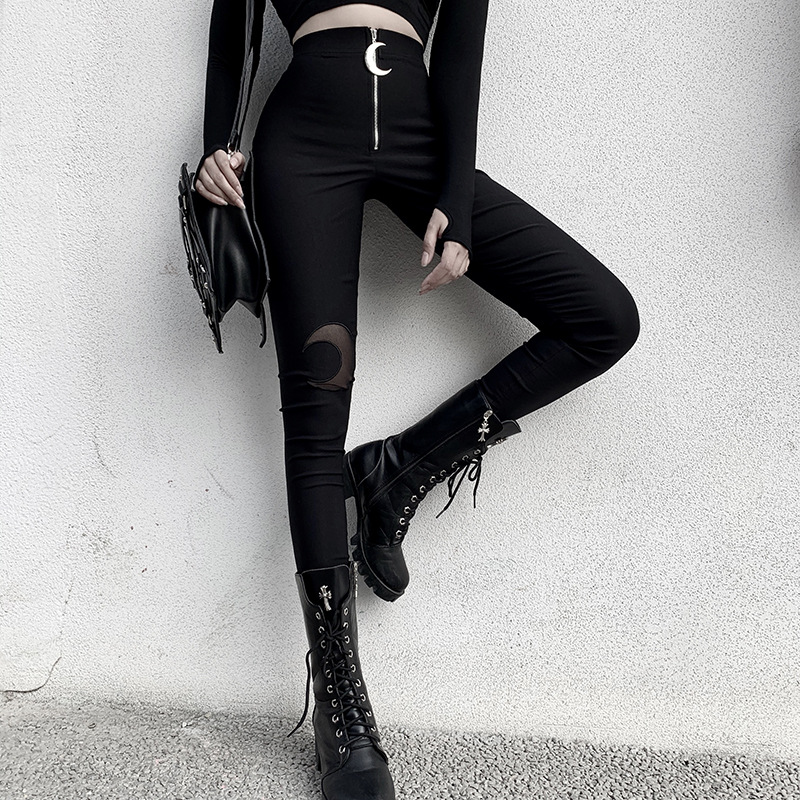 92382 European and American Autumn and Winter New Crescent Zipper High Waist Tight Skinny Trousers Women's Ins Casual Black Leggings 92382 European and American Autumn and Winter New Crescent Zipper High Waist Tight Skinny Trousers Women's Ins Casual Black Leggings