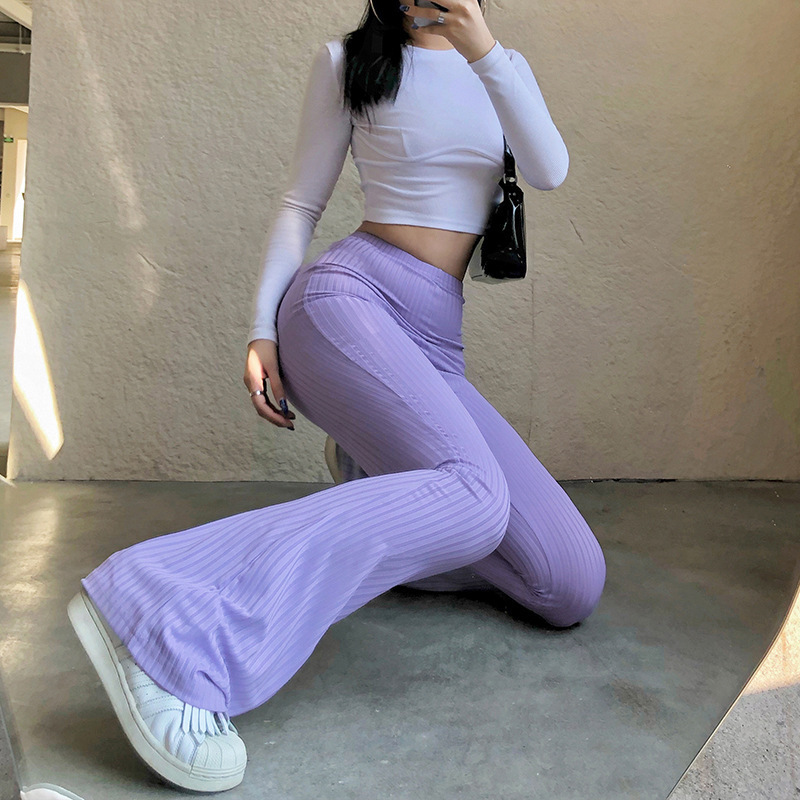 European and American Style 2021 New Women&#039;s Pants Fashion Pure Color Tight High-Waisted Boot-Cut Pants Female Stretch Casual Trousers