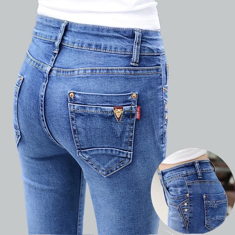 Good Quality Autumn and Winter Mid-High Waist Thick Jeans Women&#039;s Feet Stretch Fleece Korean Style Slimming and Tight Pencil Trousers