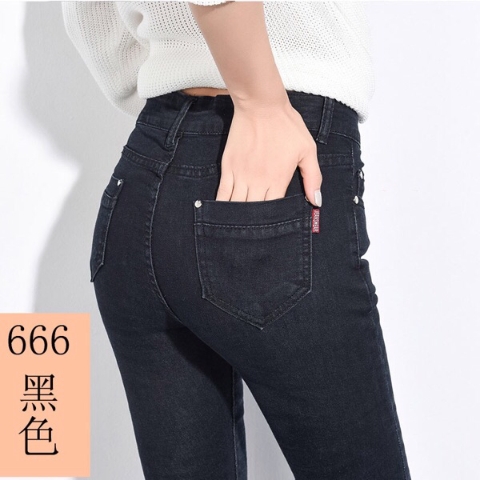 Good Quality Autumn and Winter Mid-High Waist Thick Jeans Women&#039;s Feet Stretch Fleece Korean Style Slimming and Tight Pencil Trousers
