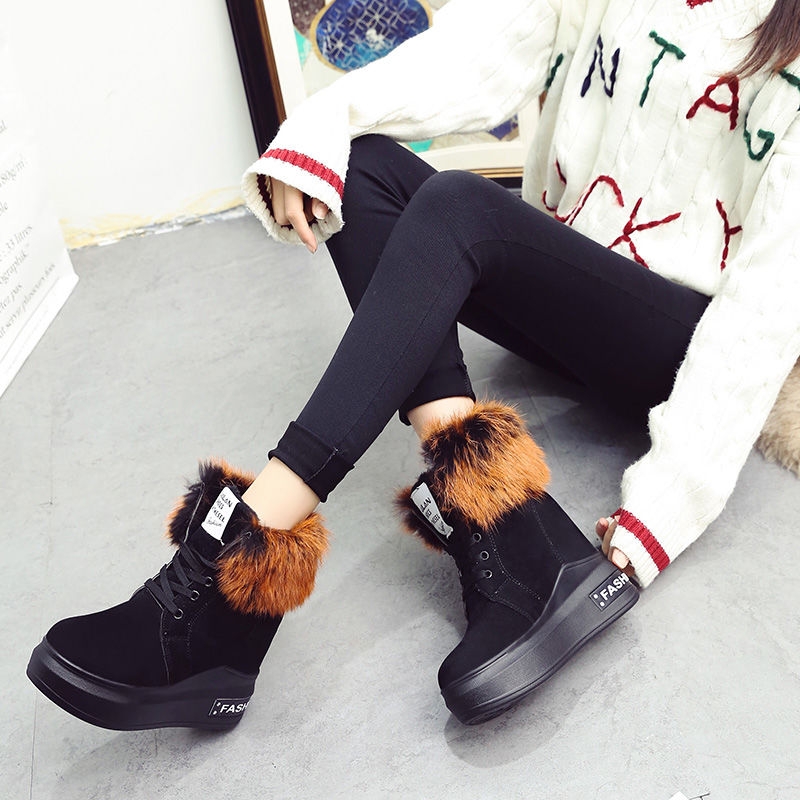 Height Increasing Insole Snow Boots Women&#039;s Winter 12cm Super High Heel Fur Booties Thick Bottom Fleece-Lined Student Martin Boots Women&#039;s Cotton Shoes