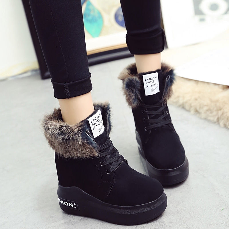 Height Increasing Insole Snow Boots Women&#039;s Winter 12cm Super High Heel Fur Booties Thick Bottom Fleece-Lined Student Martin Boots Women&#039;s Cotton Shoes