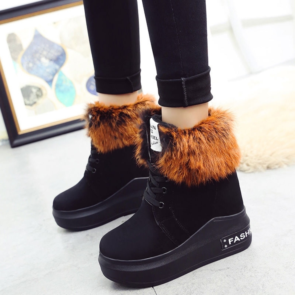 Height Increasing Insole Snow Boots Women's Winter 12cm Super High Heel Fur Booties Thick Bottom Fleece-Lined Student Martin Boots Women's Cotton Shoes