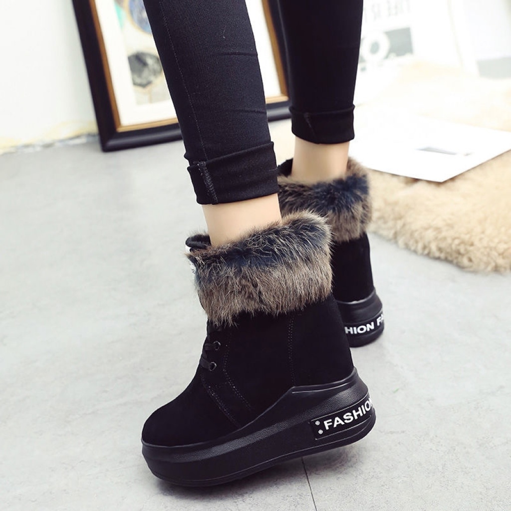 Height Increasing Insole Snow Boots Women's Winter 12cm Super High Heel Fur Booties Thick Bottom Fleece-Lined Student Martin Boots Women's Cotton Shoes