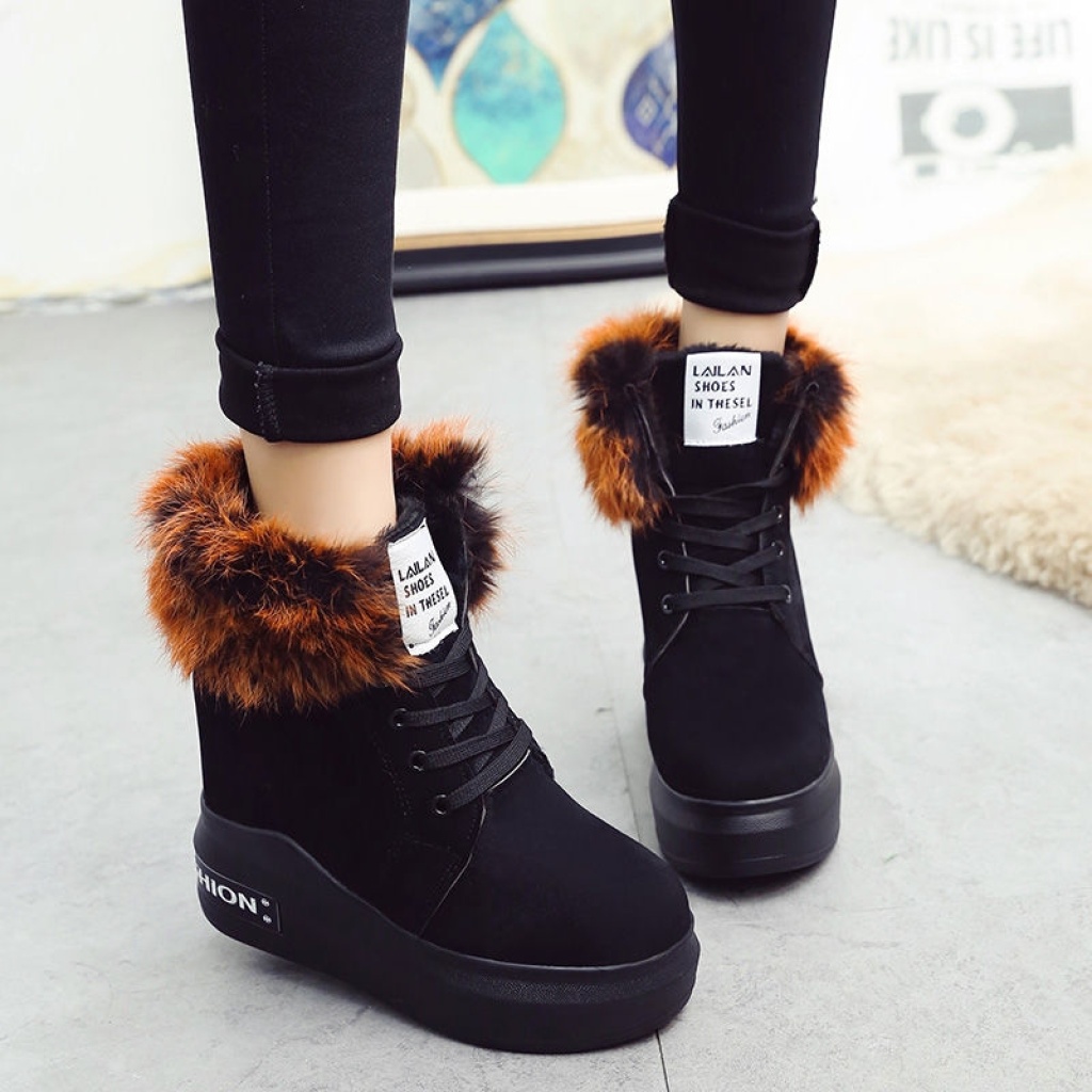 Height Increasing Insole Snow Boots Women's Winter 12cm Super High Heel Fur Booties Thick Bottom Fleece-Lined Student Martin Boots Women's Cotton Shoes