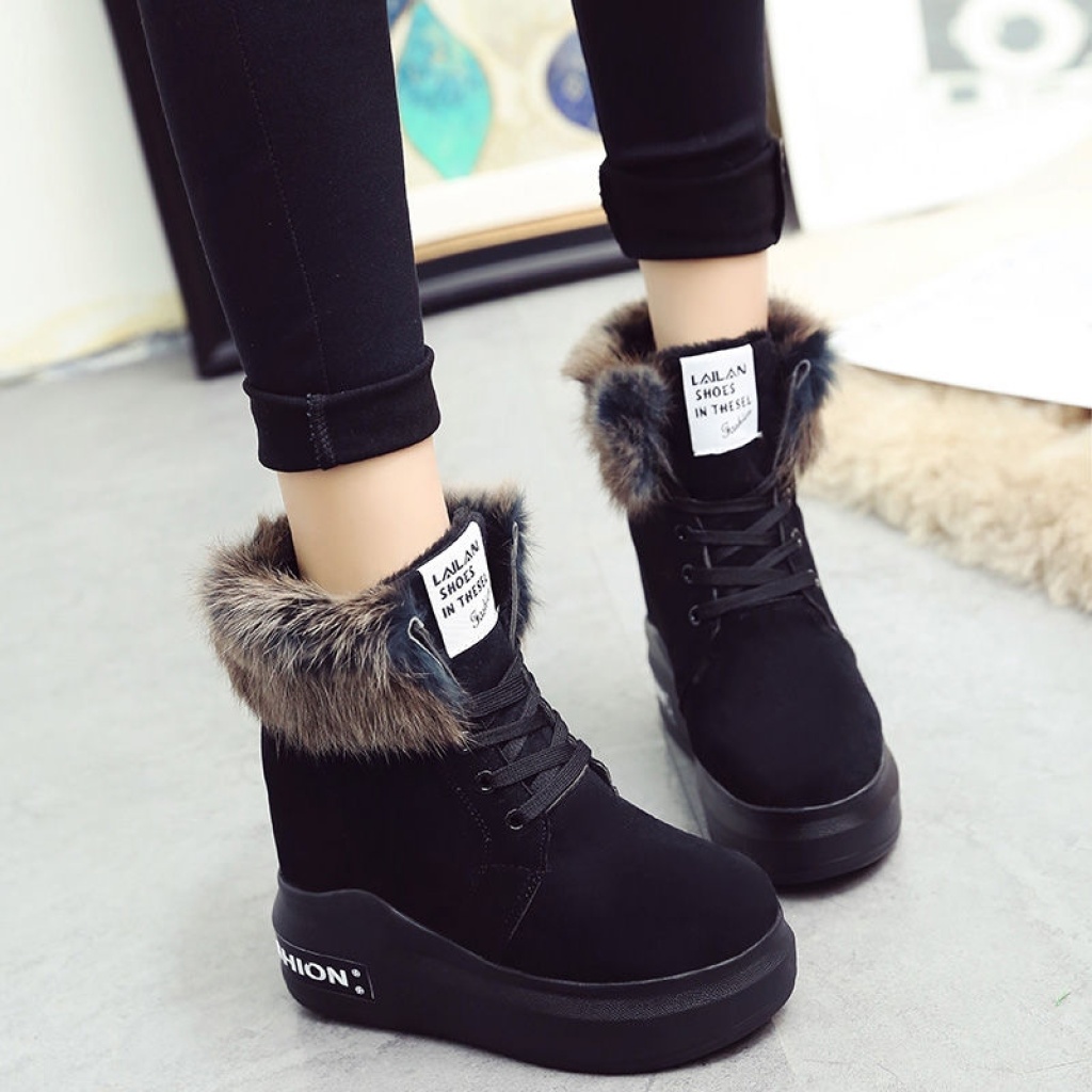 Height Increasing Insole Snow Boots Women's Winter 12cm Super High Heel Fur Booties Thick Bottom Fleece-Lined Student Martin Boots Women's Cotton Shoes