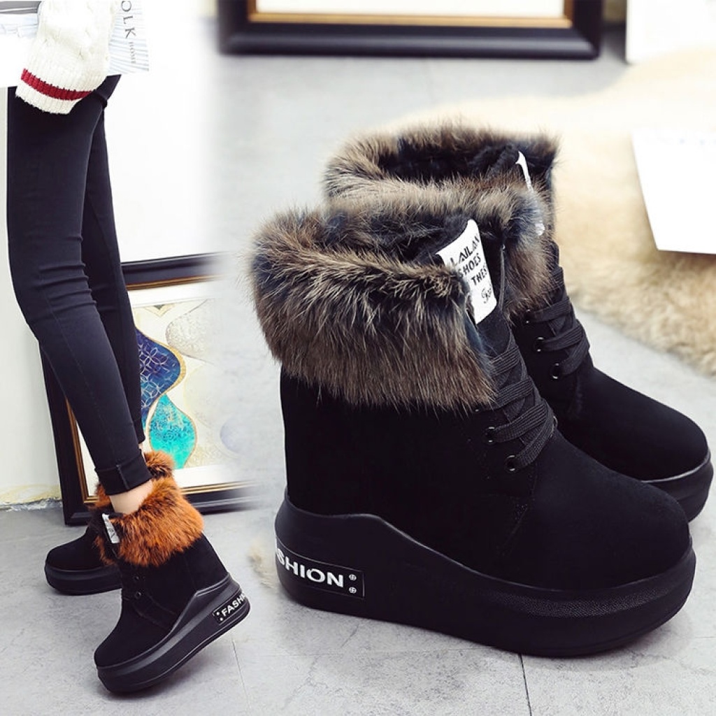 Height Increasing Insole Snow Boots Women's Winter 12cm Super High Heel Fur Booties Thick Bottom Fleece-Lined Student Martin Boots Women's Cotton Shoes