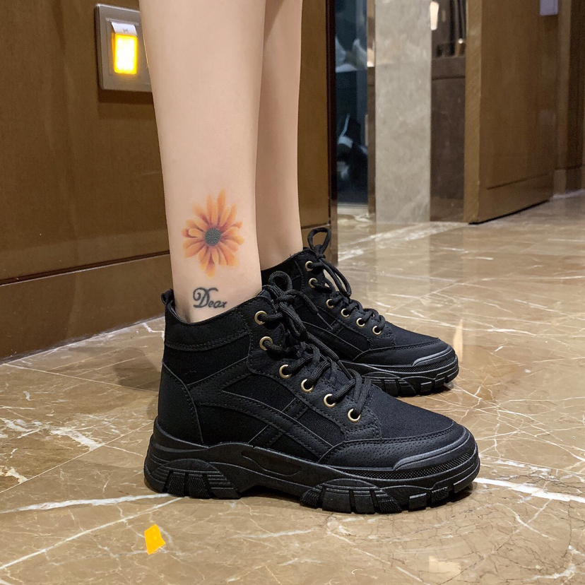 High-Top Canvas Shoes for Women 2020 Autumn and Winter New Black Tie Canvas Martin Boots Height Increasing Non-Slip Student Shoes