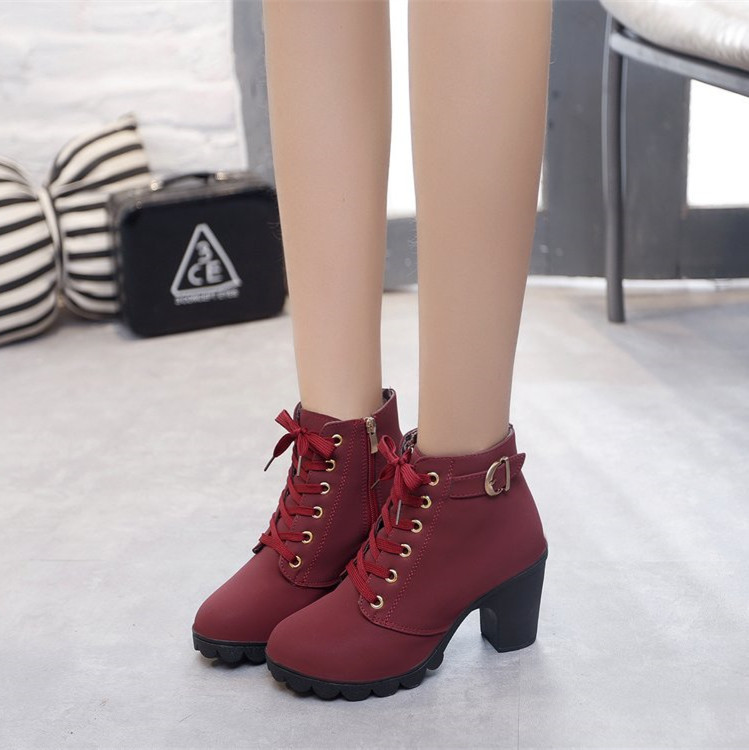 New High Heel Foreign Trade Women&#039;s Boots Cross Strap Short Boots Chunky Heel Martin Boots Leather Boots in Stock Whole