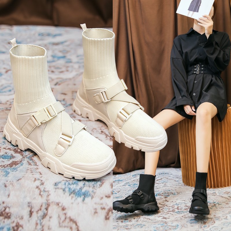 Dr. Martens Boots Women&#039;s Short Boots 2021 Spring and Autumn New Korean Style Knitted Sock Boots Platform Sports Casual High-Top Stretch Boots for Women