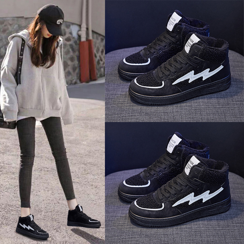 INS Fleece-Lined Warm High-Top Casual Shoes Women&#039;s 2020 Winter New Students Warm-Keeping Cotton-Padded Shoes Women&#039;s Korean-Style Running Shoes