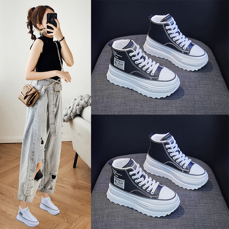INS Fleece-Lined Warm High Top White Shoes Female 2021 Winter New Korean Style Student Thick Bottom and Warm Keeping Casual Cotton-Padded Shoes