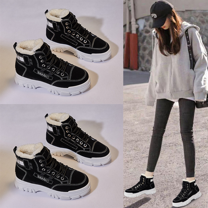 2021 Winter New Korean Style Fleece-Lined Dr. Martens Boots Female Student Insulated Cotton-Padded Shoes All-Matching Ins Thickened Ankle Boots Q3511