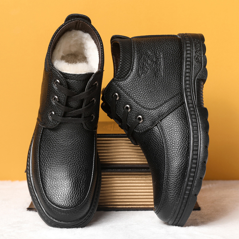 Winter Men&#039;s Cotton-Padded Shoes Fleece-Lined Thickened Real Wool Lace-up Cotton-Padded Leather Shoes Online Men&#039;s Antiskid Shoe