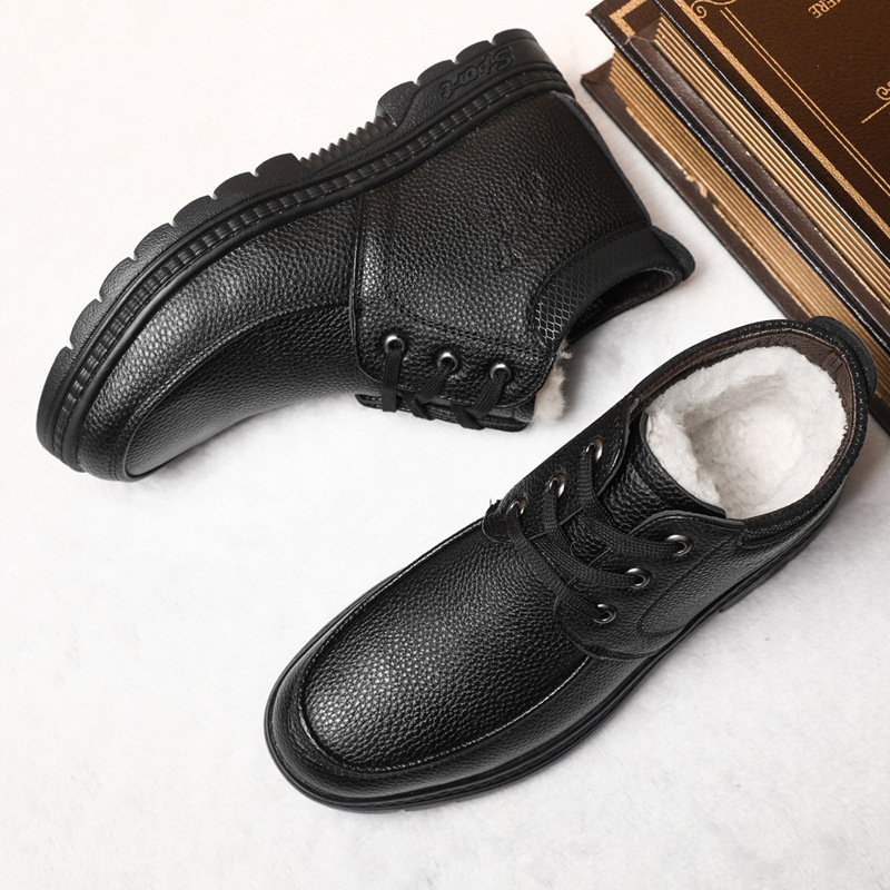 Winter Men&#039;s Cotton-Padded Shoes Fleece-Lined Thickened Real Wool Lace-up Cotton-Padded Leather Shoes Online Men&#039;s Antiskid Shoe
