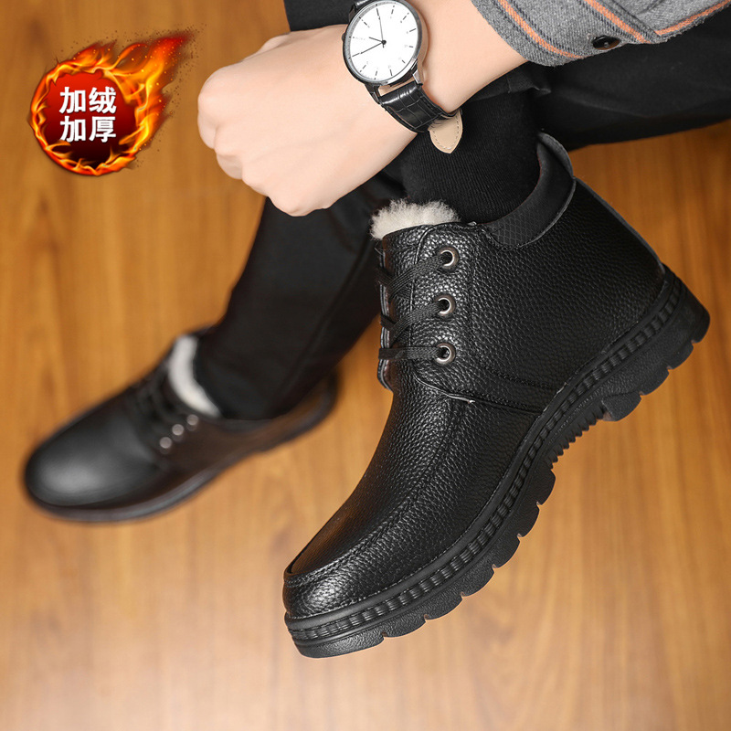 Winter Men&#039;s Cotton-Padded Shoes Fleece-Lined Thickened Real Wool Lace-up Cotton-Padded Leather Shoes Online Men&#039;s Antiskid Shoe