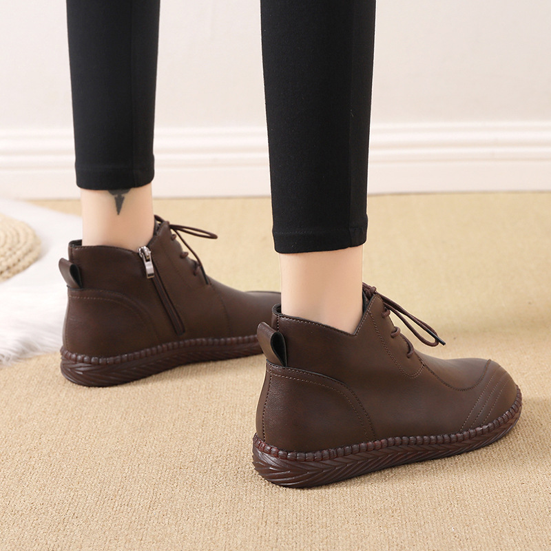 New Single Layer Shoes Comfortable Soft Bottom Leather Shoes Women's Soft Leather Shoes Flat Middle-Aged and Elderly Mom Shoes Autumn and Winter Velvet High-Top Shoes
