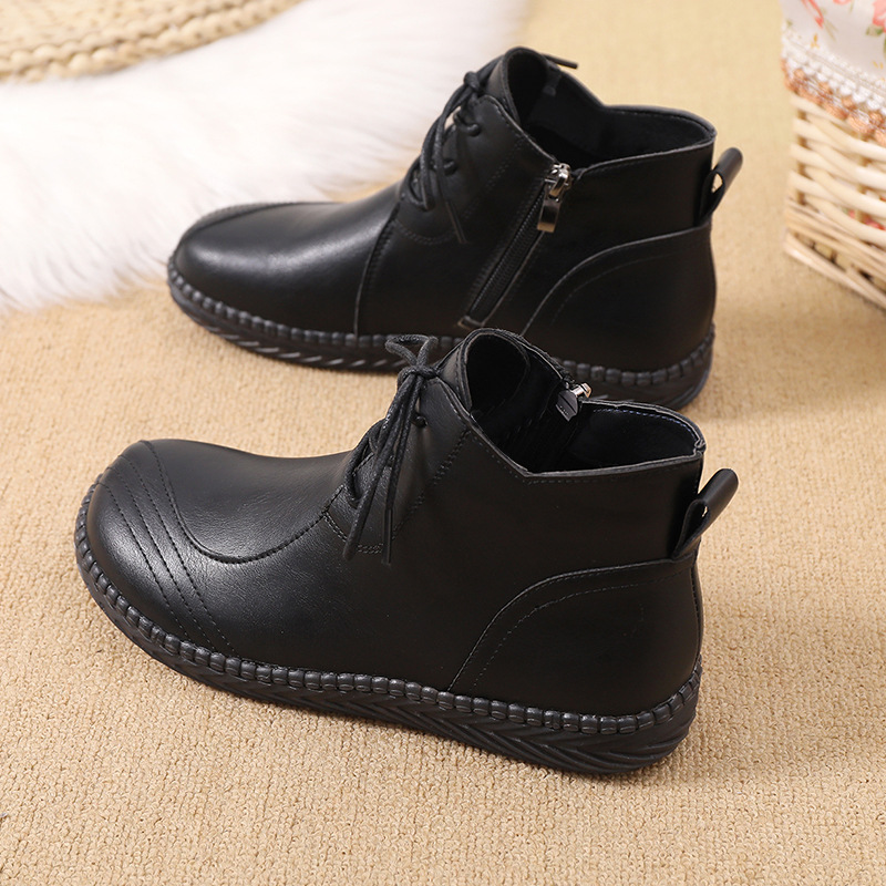 New Single Layer Shoes Comfortable Soft Bottom Leather Shoes Women's Soft Leather Shoes Flat Middle-Aged and Elderly Mom Shoes Autumn and Winter Velvet High-Top Shoes