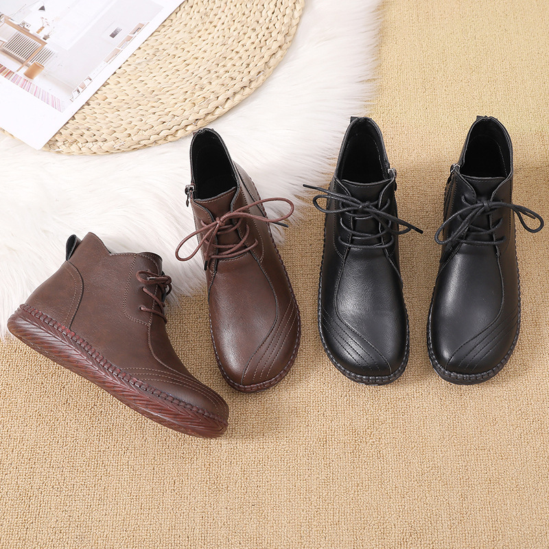 New Single Layer Shoes Comfortable Soft Bottom Leather Shoes Women's Soft Leather Shoes Flat Middle-Aged and Elderly Mom Shoes Autumn and Winter Velvet High-Top Shoes