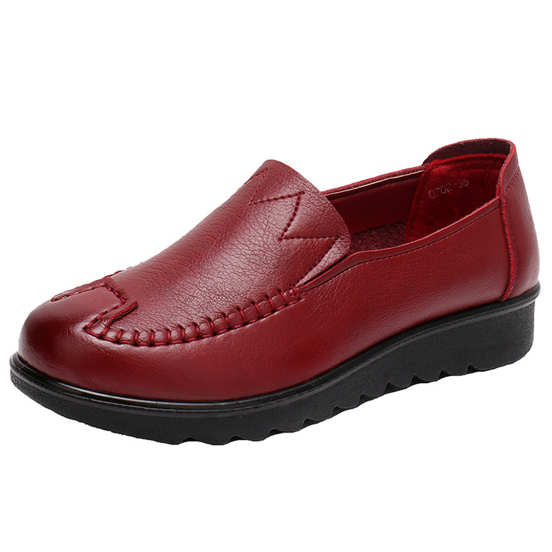 2021 Spring and Autumn New Soft Leather Mom Shoes Women&#039;s Flat Soft Bottom Granny Shoes round Toe Middle-Aged and Elderly Leather Shoes