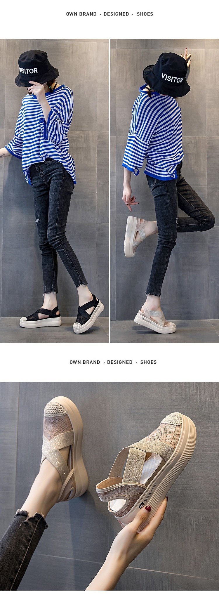 2021 Summer Autumn Style Platform Platform Lace Slip-on Lofter Loafers Sandals Breathable Mesh Hollow Fisherman Shoes for Women