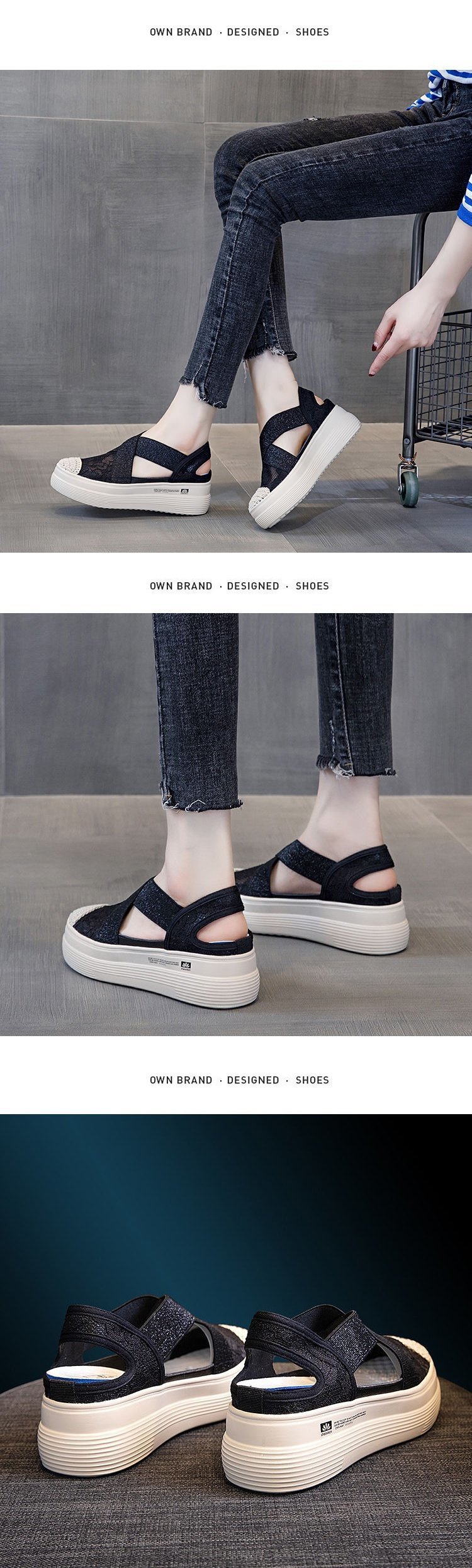 2021 Summer Autumn Style Platform Platform Lace Slip-on Lofter Loafers Sandals Breathable Mesh Hollow Fisherman Shoes for Women