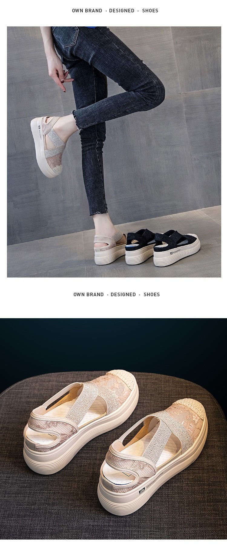 2021 Summer Autumn Style Platform Platform Lace Slip-on Lofter Loafers Sandals Breathable Mesh Hollow Fisherman Shoes for Women