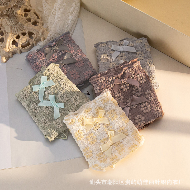 [Independent Bag] Japanese Style New Lace Breathable Underwear Women&#039;s Pear Flower Bubble Pants Cotton Crotch Sweet Briefs