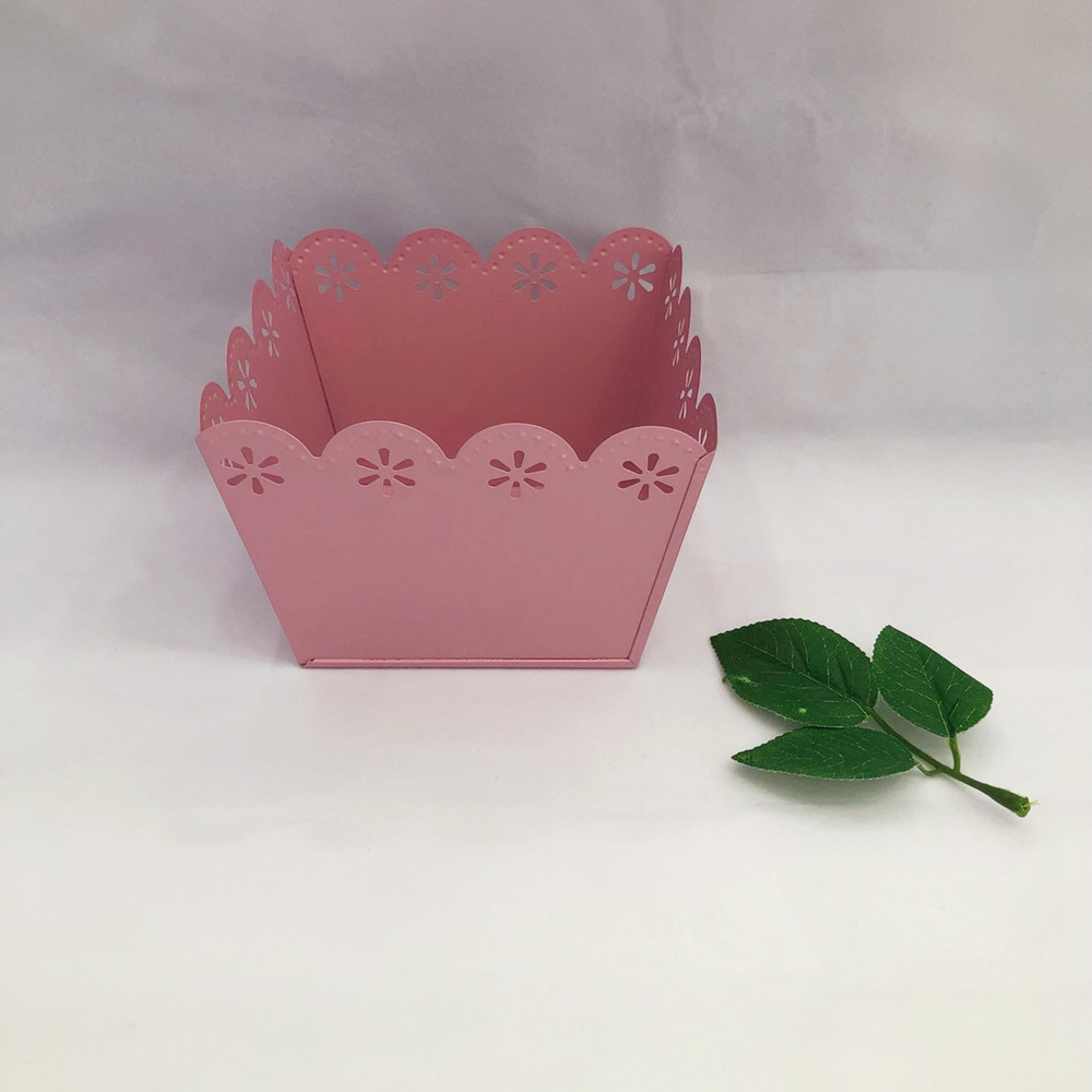 Factory Supply Candy Color Lace Square Iron Bucket Desktop Plant Flower Pot Vase Domestic Ornaments