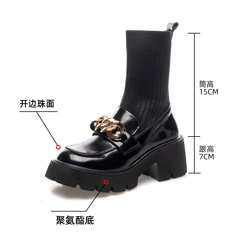 Metal Buckle Socks Boots 2021 Autumn and Winter Thick Heel round Toe Slipon British Style Skinny Boots Small Size Women