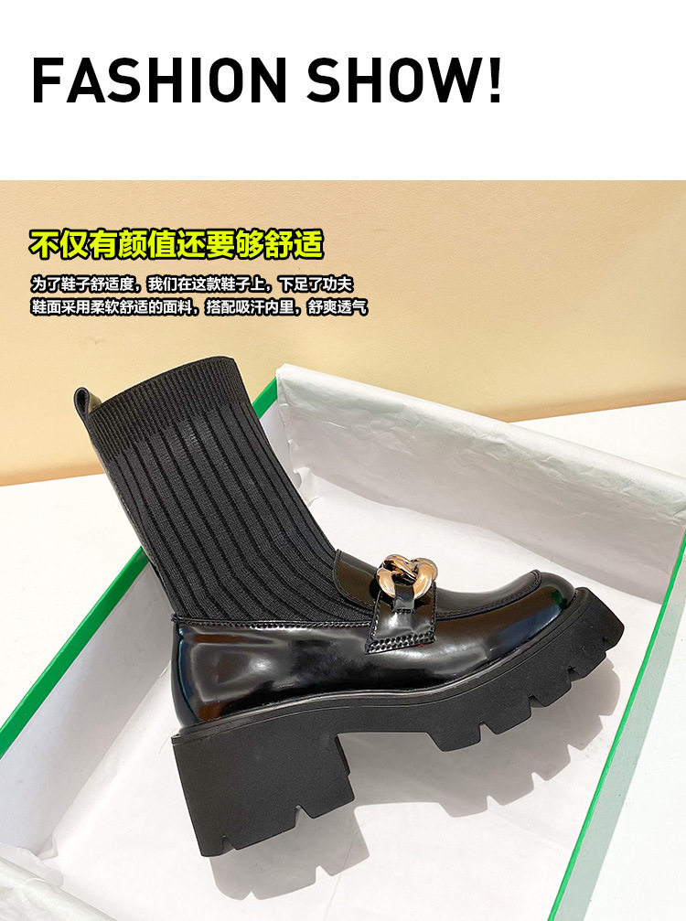 Metal Buckle Socks Boots 2021 Autumn and Winter Thick Heel round Toe Slipon British Style Skinny Boots Small Size Women Metal Buckle Socks Boots 2021 Autumn and Winter Thick Heel round Toe Slipon British Style Skinny Boots Small Size Women